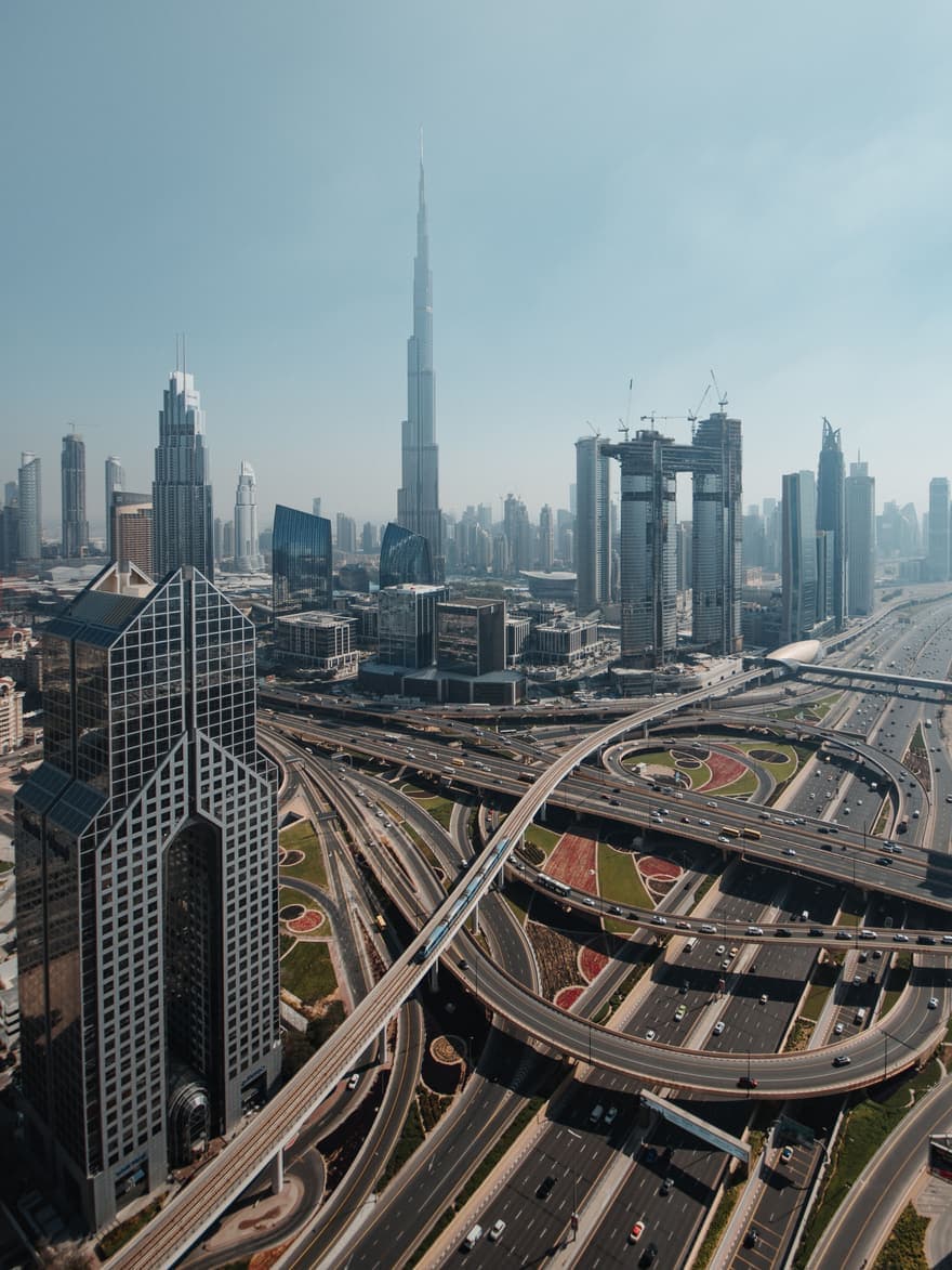 The Burj Khalifa rising above the Downtown Dubai skyline, seen over the Sheikh Zayed Road interchange with new towers under construction